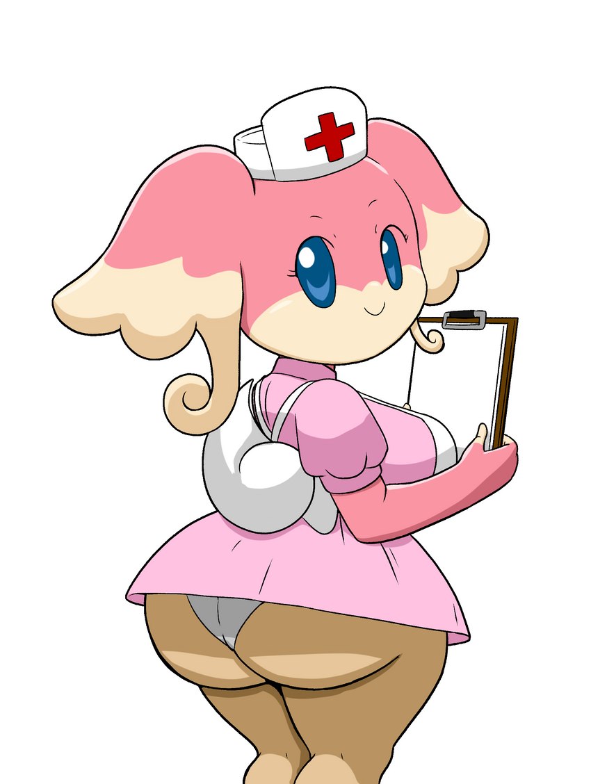 alternative_fashion anthro big_breasts big_butt blue_eyes breasts butt clipboard clothed clothing dress female hat headgear headwear holding_clipboard holding_object j-fashion lolita_(fashion) looking_at_viewer looking_back multicolored_body nurse nurse_clothing nurse_dress nurse_lolita panties short_dress smile solo thick_thighs two_tone_body underwear upskirt wide_hips tansau nintendo pokemon audino generation_5_pokemon pokemon_(species) hi_res