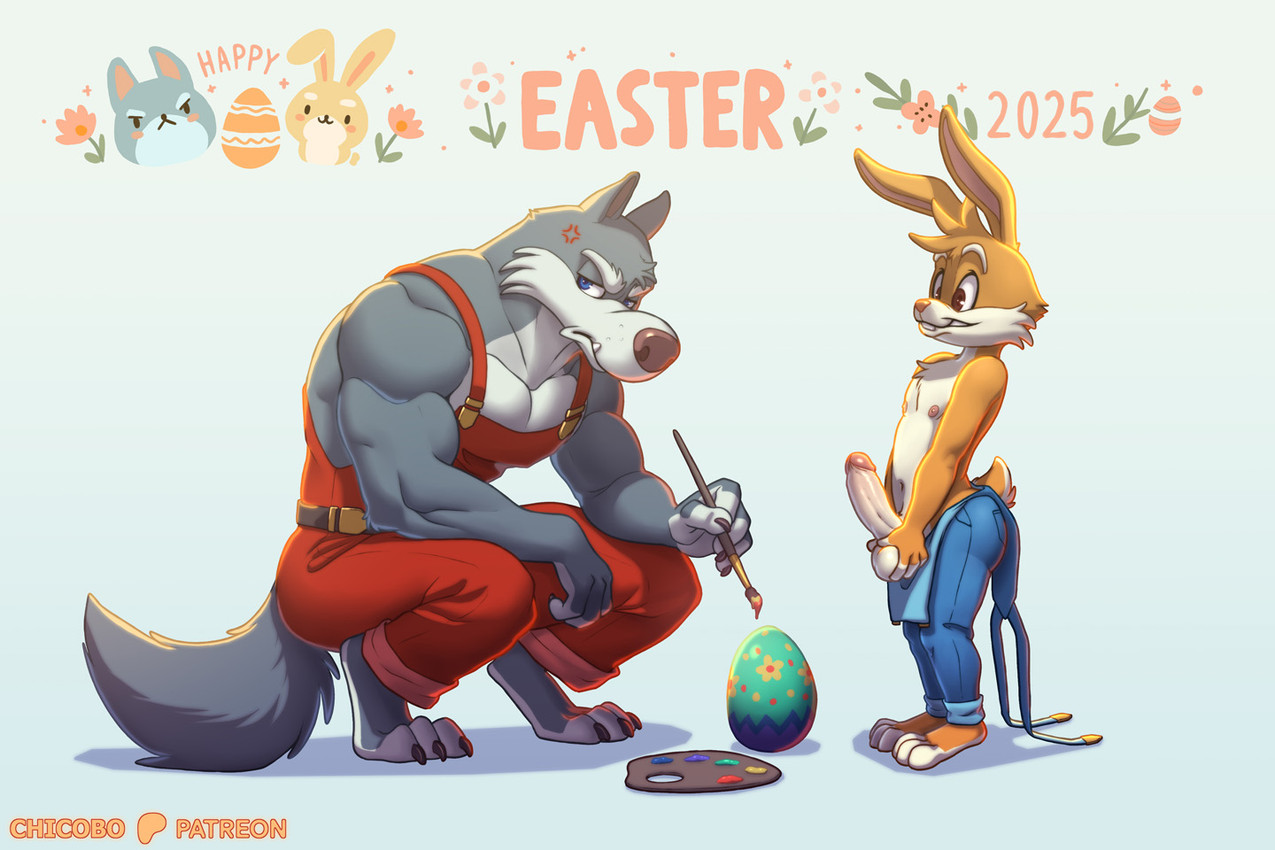 3_toes 4_fingers annoyed anthro balls black_claws black_nose blue_clothing blue_overalls brown_eyes brush buckteeth cheek_tuft circumcised claws clothing cross-popping_vein duo easter_egg egg_painting erection eyebrows facial_tuft feet fingers fur genitals grey_body grey_fur half-closed_eyes holding_balls holding_brush holding_object holidays humanoid_genitalia humanoid_penis long_ears looking_aside male mouth_closed muscular muscular_anthro muscular_arm muscular_male narrowed_eyes overalls painting penis pink_nose rabbit_ears red_clothing red_overalls scut_tail short_tail side_view simple_background size_difference smile standing tail teeth text toes tuft white_background white_eyebrows yellow_body yellow_fur chicobo easter hop_(chicobo) wuf_(chicobo) canid canine canis lagomorph leporid mammal rabbit wolf 2025 3:2 english_description english_text