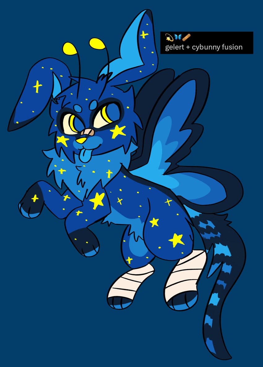 ambiguous_gender blue_background blue_body blue_fur blue_pupils blue_tongue countershading feral flying fur insect_wings lepidopteran_wings markings pupils simple_background solo star star_pattern tongue tongue_out wings yellow_eyes yellow_markings jackrabbit_(artist) neopets arthropod butterfly cybunny gelert_(neopets) hybrid insect lepidopteran neopet_(species) 2024 absurd_res digital_drawing_(artwork) digital_media_(artwork) hi_res ibispaint_(artwork)