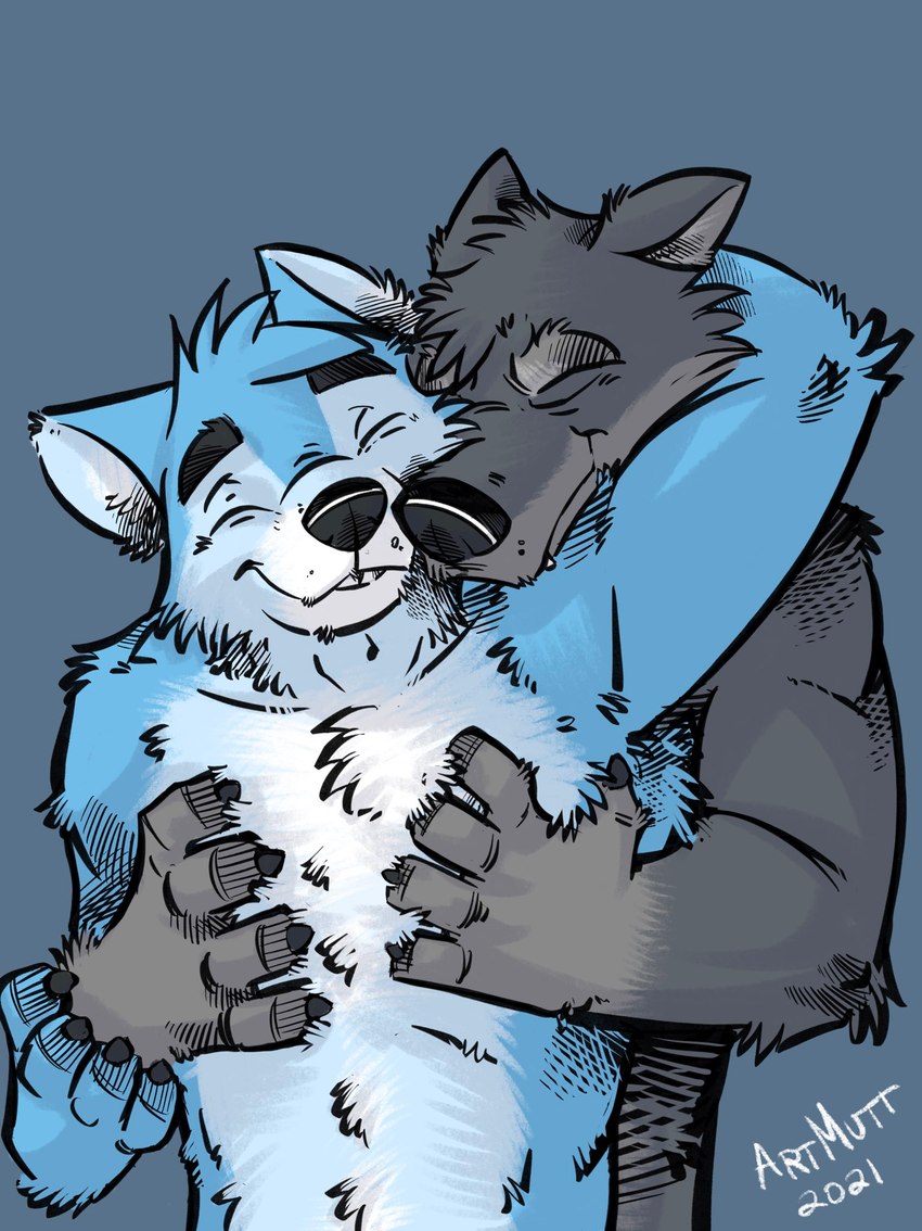 anthro arm_tuft biped black_nose blue_body blue_fur cheek_tuft chest_tuft claws cuddling cute_fangs duo elbow_tuft eyebrows eyes_closed facial_tuft fangs fluffy front_view fur grey_background grey_body grey_fur hand_holding handpaw happy head_grab head_tuft hug male male/male multicolored_body multicolored_fur nude nuzzling paws scritches simple_background smile standing teeth tuft two_tone_body two_tone_fur white_body white_fur k-9 canid canine canis mammal wolf 2021 hi_res signature