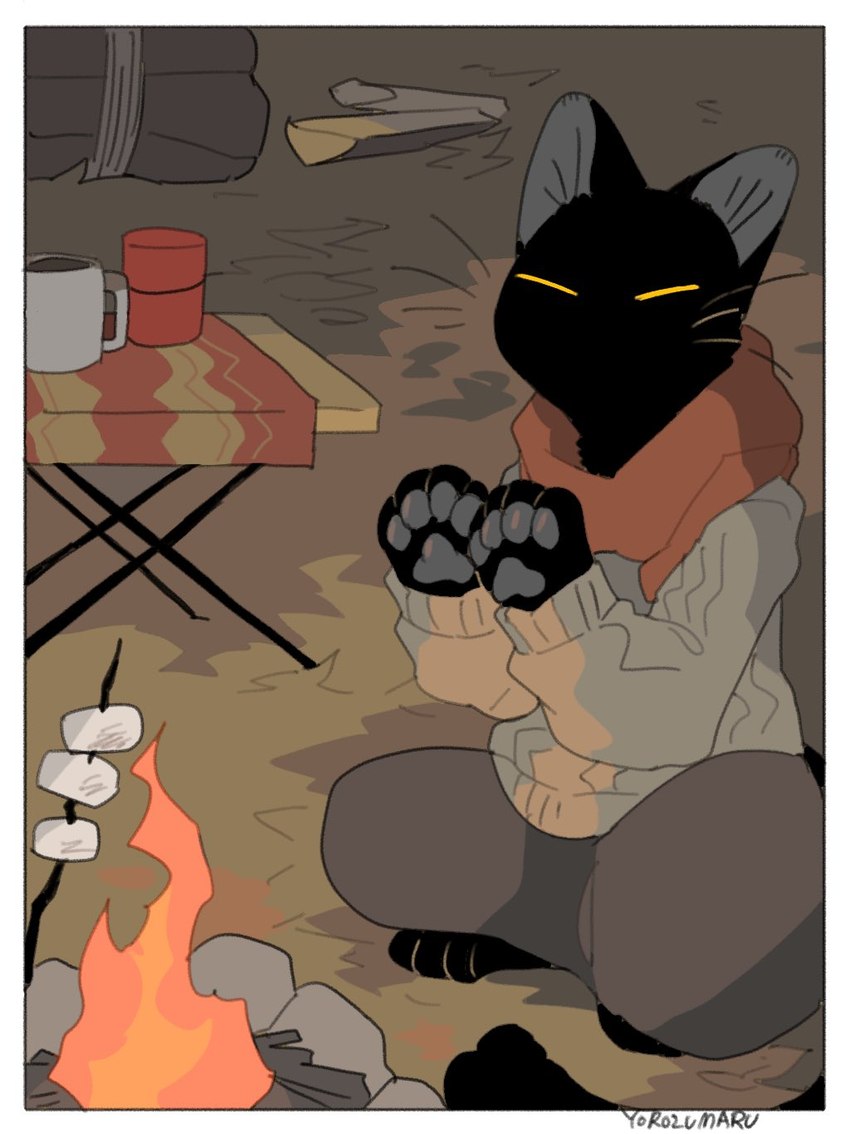 ambiguous_gender anthro black_body campfire candy clothed clothing dessert eyes_closed fire food marshmallow pawpads scarf solo whiskers yorozumaru urushi_(yorozumaru) domestic_cat felid feline felis mammal 2022 hi_res