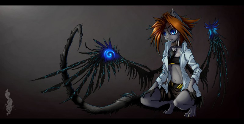 anthro bell black_bars clothed clothing collar crouching female glowing glowing_markings glowing_wings markings open_clothing open_shirt open_topwear shirt solo tail topwear wings hy_thegreykatt hy domestic_cat felid feline felis mammal letterbox