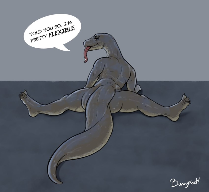 ambiguous_gender anthro bedroom_eyes feet flexible looking_at_viewer looking_back muscular narrowed_eyes nude pose rear_view seductive solo speech_bubble splits spread_legs spreading text tongue tongue_out bunnyfeet black_betty_(meme) komodo_dragon lizard monitor_lizard reptile scalie english_text meme male_(lore)