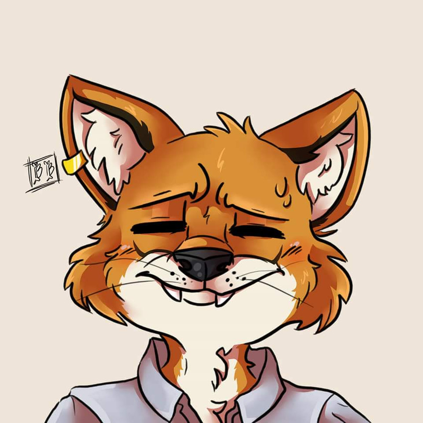 anthro black_nose blush clothed clothing ear_piercing ear_ring eyebrows fur inner_ear_fluff looking_at_viewer male orange_body orange_fur piercing ring_piercing shading_eyes shirt simple_background smile solo teeth teeth_showing topwear tuft whiskers white_body white_fur bonybones alexander_the_fox canid canine fox mammal 1:1 digital_media_(artwork) headshot_portrait icon portrait signature