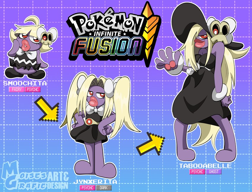 5_fingers alternative_fashion black_clothing black_dress blonde_hair clothing dress featureless_feet feet female fingers ganguro_(fashion) gyaru hair j-fashion lips long_hair pigtails purple_body purple_skin red_eyes short_hair text thick_lips toony transformation white_bow moisesgrafic nintendo pokemon generation_1_pokemon generation_2_pokemon generation_5_pokemon gothita gothitelle gothorita jynx pokemon_(species) smoochum absurd_res english_text hi_res model_sheet