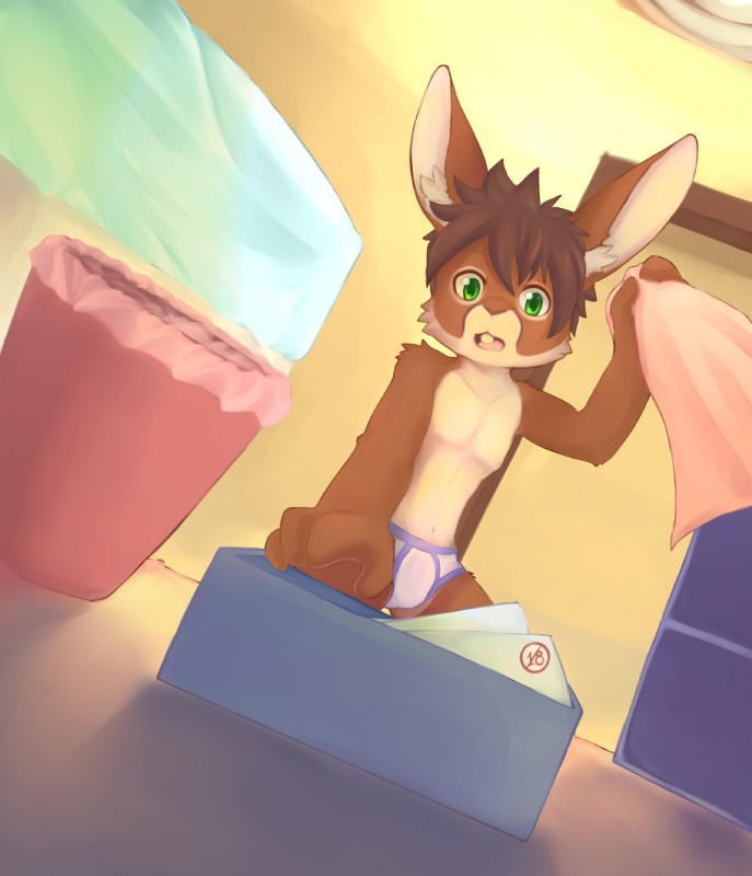 4_fingers anthro briefs brown_body brown_fur clothed clothing countershading fingers fur green_eyes kneeling male navel nipples open_mouth shota solo topless trash_can underwear young young_anthro taichiharuki flip_bunny lagomorph leporid mammal rabbit hi_res