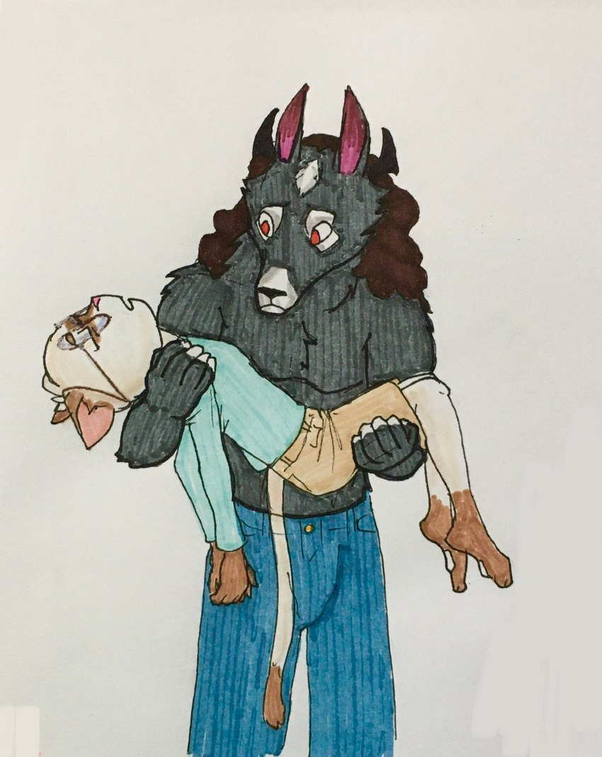 anthro black_body black_fur carrying_another carrying_partner duo eyewear fur glasses horn male male/male red_eyes unconscious wearing_glasses white_body white_fur oddhoot colt_(oddhoot) sam_(oddhoot) canid domestic_cat felid feline felis mammal siamese hi_res traditional_media_(artwork) intersex_(lore)