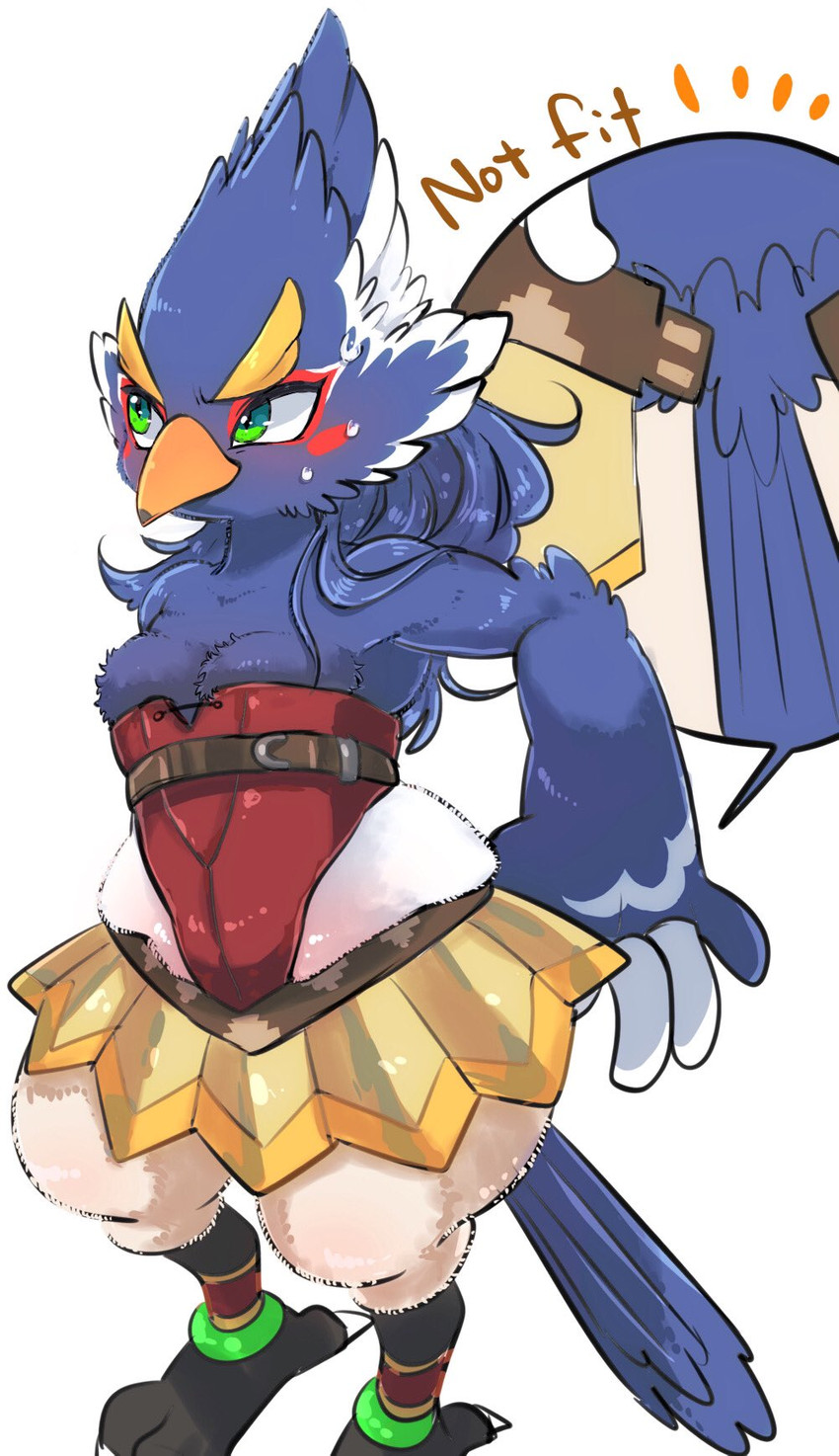 anthro armor beak blue_body blue_feathers blush bodily_fluids dressing embarrassed feathers femboy male slightly_chubby solo sweat thick_thighs wide_hips popemadara breath_of_the_wild nintendo the_legend_of_zelda revali avian bird rito hi_res