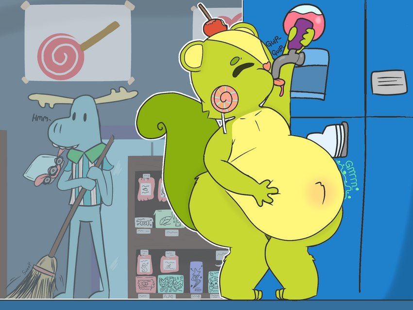 anthro belly big_belly broom candy cleaning_tool clothing dessert food fur green_body hair male solo store text phant0mhat happy_tree_friends lumpy_(htf) nutty_(htf) deer mammal moose new_world_deer rodent sciurid tree_squirrel colored digital_media_(artwork) hi_res