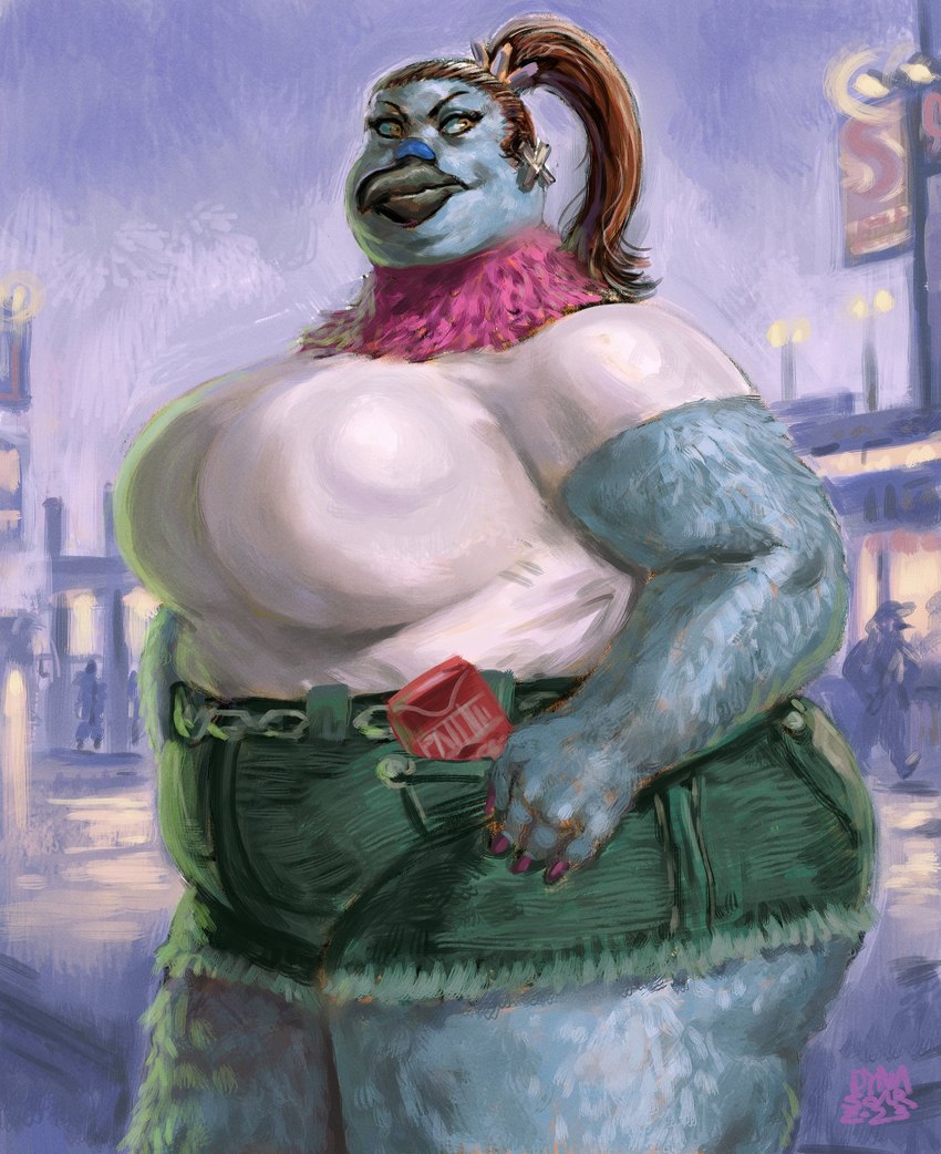 anthro background_signs beak big_breasts big_butt black_beak blue_body blue_feathers blue_markings bottomwear breasts brown_hair butt chain_belt cigarette_box clothed clothing denim denim_bottomwear denim_clothing denim_shorts dusk ear_piercing ear_ring eyebrows eyelashes feathers female gas_station grey_body grey_feathers hair hand_on_hip impressionist_background magenta_feathers markings nails neck_tuft outside overweight overweight_female piercing pink_body pink_feathers ponytail purple_background ring_piercing shirt shorts sign simple_background solo street street_lamp t-shirt thick_thighs topwear truck_stop tuft white_clothing white_shirt white_t-shirt white_topwear yellow_eyes dyna_soar jess_(character) avian bird columbid pigeon 2023 hi_res portrait signature three-quarter_portrait