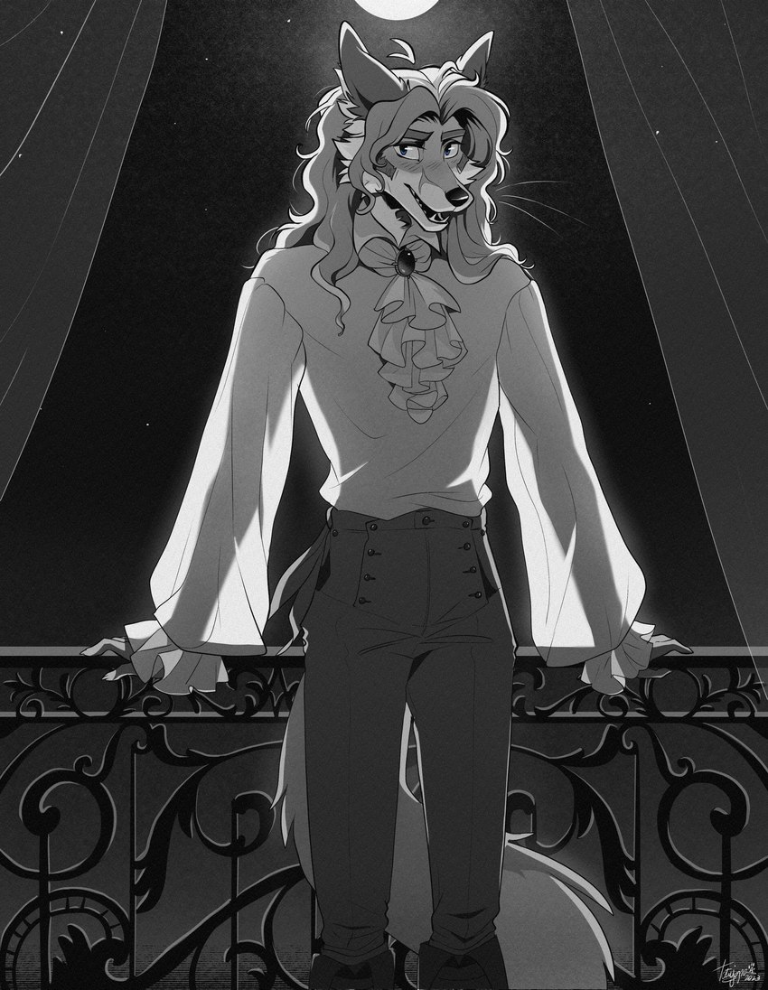 alternative_fashion anthro blue_eyes camisole classy clothing hair j-fashion light long_hair male moonlight night ouji_(fashion) solo victorian whiskers tatujapa edgar_vladilisitsa canid canine fox mammal absurd_res black_and_white hi_res monochrome