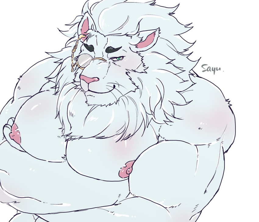 anthro biceps clothed clothing eyewear fur green_eyes hair male mane mane_hair monocle muscular muscular_anthro muscular_male nipples pecs pink_nipples pink_nose simple_background solo topless white_background white_body white_fur cddi_h lifewonders tokyo_afterschool_summoners snow_(tas) felid lion mammal pantherine 2020 signature