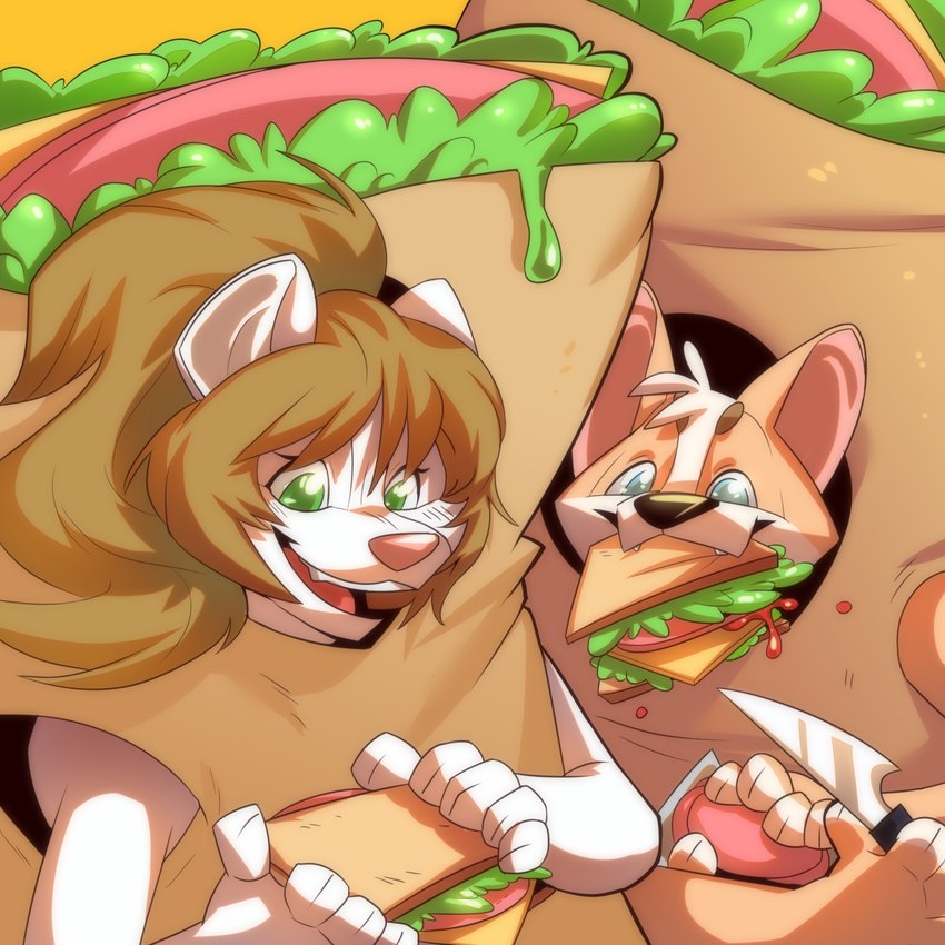 anthro clothing costume duo eating female food food_costume knife male sandwich_(food) sandwich_costume simple_background theglitchberserker laxes martha_minkowitz canid canine canis domestic_dog herding_dog mammal mink mustelid musteline pastoral_dog true_musteline welsh_corgi 1:1 hi_res