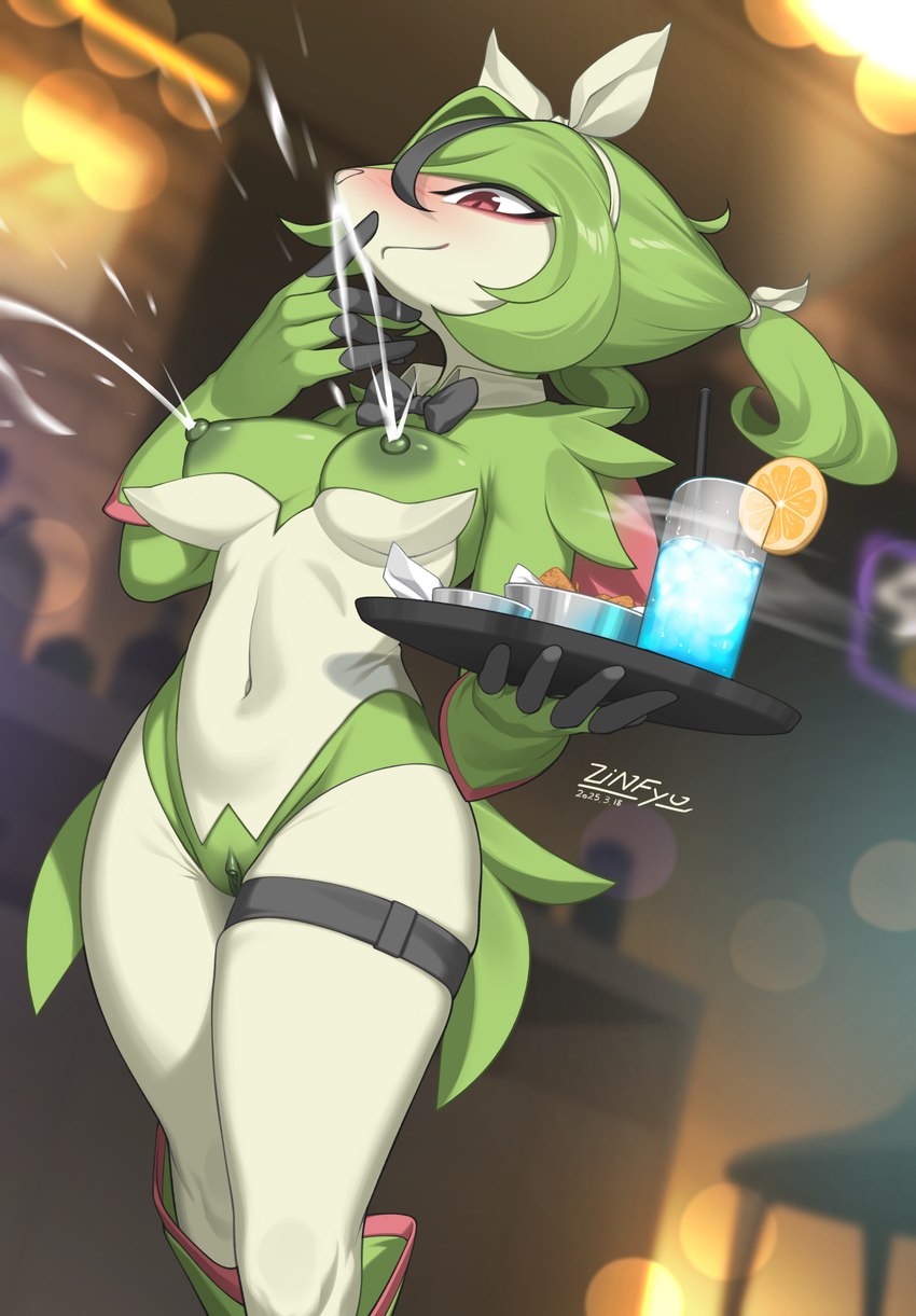 5_fingers anthro areola autolactation blush bodily_fluids breasts clothed clothed_anthro clothed_female clothing exposed_breasts female fingers front_view fur genitals green_body green_fur green_hair hair holding_object inside lactating navel nipples pussy red_eyes solo standing zinfyu nintendo pokemon generation_5_pokemon legendary_pokemon pokemon_(species) virizion 2025 absurd_res digital_media_(artwork) hi_res