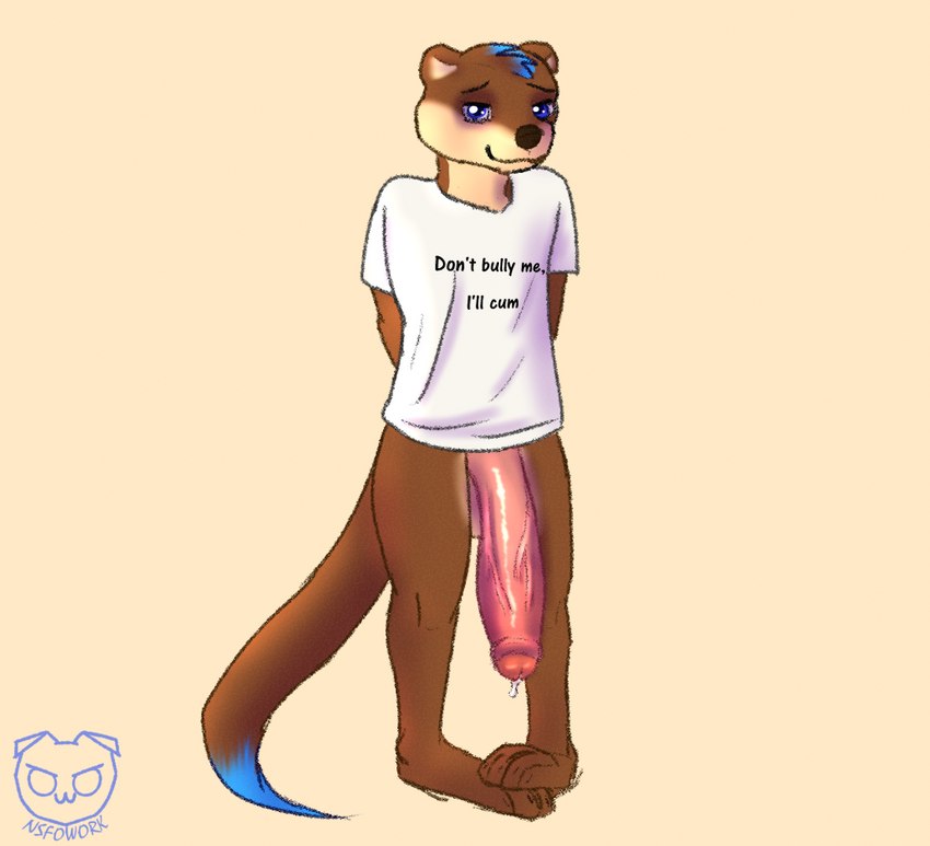 anthro balls big_penis blue_eyes blue_hair bodily_fluids bottomless brown_body brown_fur brown_skin clothed clothing countershading dripping foreskin fur genital_fluids genitals hair hands_behind_back highlights_(coloring) huge_penis humanoid_genitalia humanoid_penis long_penis male nervous penis plantigrade precum precum_drip shirt shy small_but_hung solo text text_on_clothing text_on_shirt text_on_t-shirt text_on_topwear thick_penis topwear vein veiny_penis nsfowork don't_bully_me_i'll_cum meme_clothing marwin_(nsfowork) mammal mustelid otter english_text meme