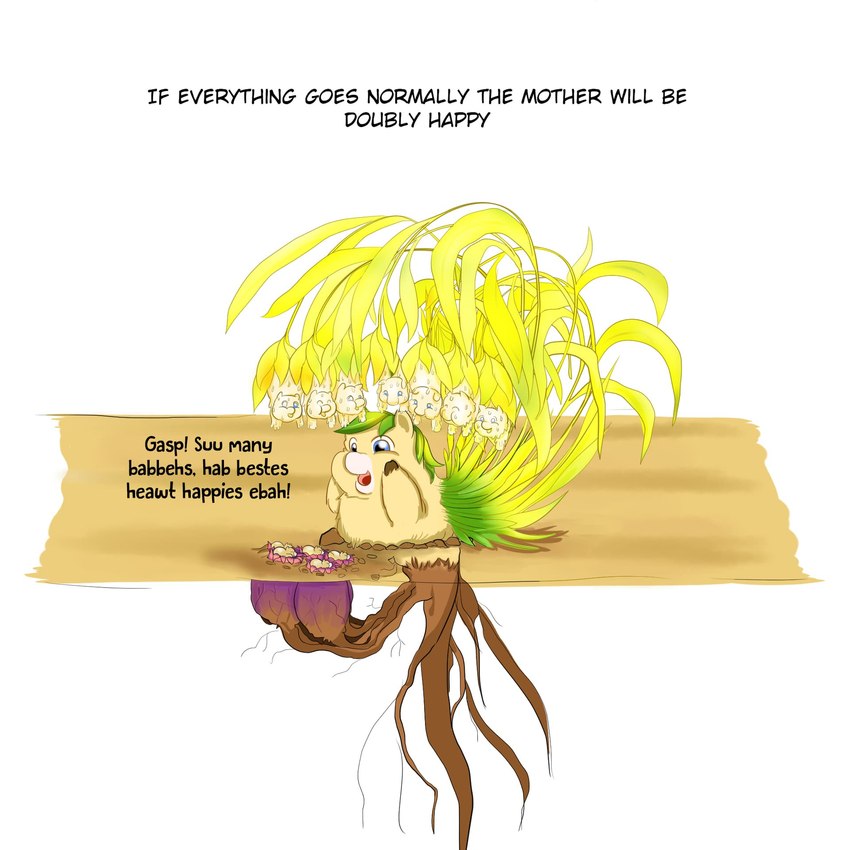 ambiguous_gender baby baby_talk blue_eyes brown_body brown_fur dialogue feral food fur green_hair group hair looking_at_another plant plant_hair pregnant pseudo_hair roots simple_background text wheat white_background young young_ambiguous young_feral inshi fluffy_pony breadfluff elemental_creature flora_fauna fluffy_pony_(species) food_creature mammal 1:1 2021 comic english_text hi_res herm_(lore) mother_(lore) mother_and_child_(lore) parent_(lore) parent_and_child_(lore) sibling_(lore)