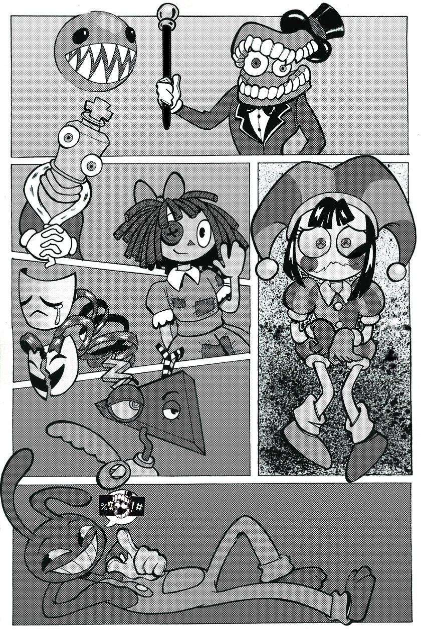 anthro bubble caine_censorship censor_bar censored_speech chess_piece clown clown_makeup doll female grawlixes group halftone halftone_background harlequin ink_splatter jester male mask narrow_hips no_pupils pattern_background pinwheel_eyes rag_doll_(toy) ribbons screentone simple_background thin_calves thin_legs thin_thighs autenticovadito glitch_productions the_amazing_digital_circus bubble_(tadc) caine_(tadc) gangle_(tadc) jax_(tadc) kinger_(tadc) pomni_(tadc) ragatha_(tadc) zooble_(tadc) animate_inanimate fabric_creature human humanoid lagomorph leporid living_bubble living_chess_piece living_doll living_mask living_toy mammal rabbit shape_head tooth_creature unknown_species absurd_res black_and_white digital_media_(artwork) greyscale hi_res marker_(artwork) monochrome traditional_media_(artwork)