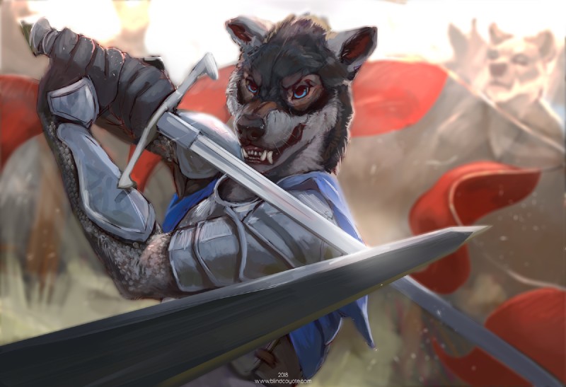 anthro armor blue_eyes fight group male melee_weapon scar sword weapon blindcoyote mythology rakan canid canine canis mammal mythological_canine mythological_creature werecanid werecanine werecreature werewolf wolf 2018 digital_media_(artwork)