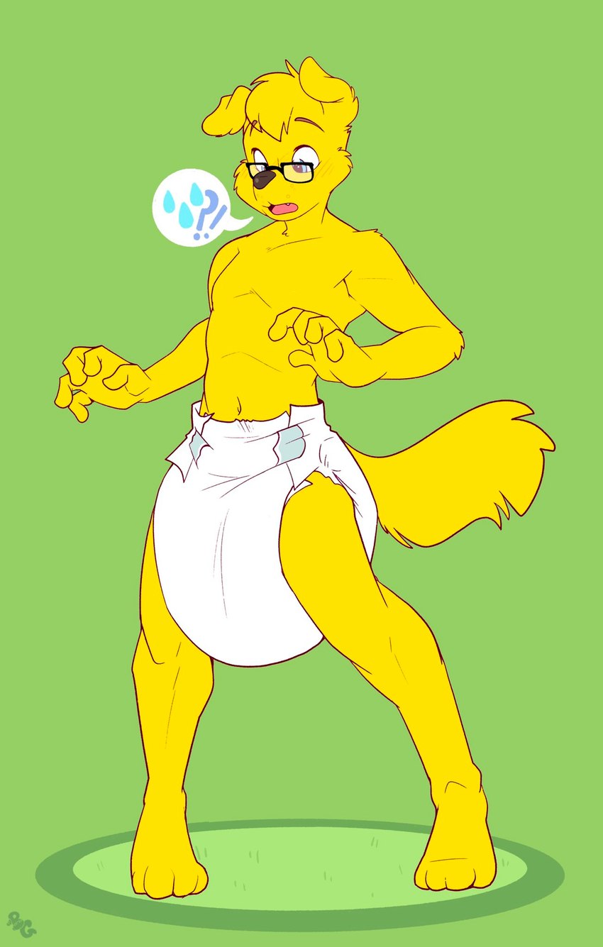 anthro blonde_hair blue_eyes bodily_fluids clothed clothing diaper eyewear fur genital_fluids glasses green_background hair knock-kneed male omorashi padding peeing sagging_diaper saggy short_hair simple_background solo surprise unclean_diaper urine used_diaper wearing_diaper wet wet_diaper wetting wetting_diaper yellow_body yellow_fur bubblepuppers ballythedog canid canine mammal digital_media_(artwork) hi_res