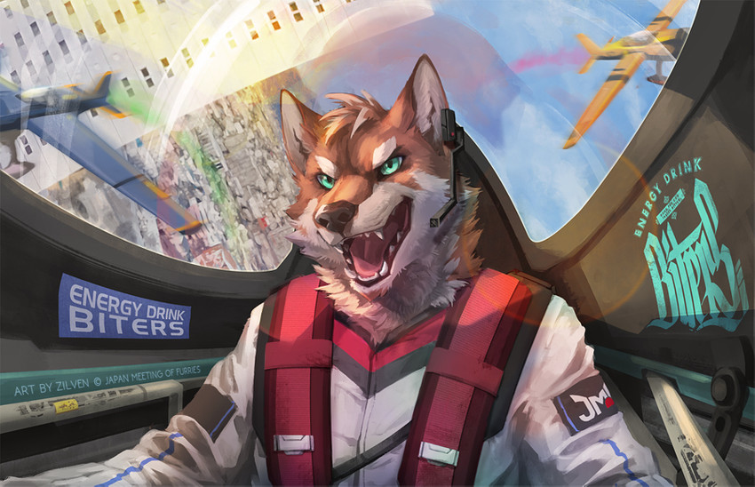 aircraft airplane anthro building city cityscape clothed clothing cockpit earpiece fangs flying fur green_eyes inside inside_airplane jacket male multicolored_body multicolored_fur neck_tuft open_mouth orange_body orange_fur seatbelt sky solo teeth tongue topwear tuft two_tone_body two_tone_fur vehicle white_body white_fur zilven canid canine fox mammal 2020 digital_media_(artwork)