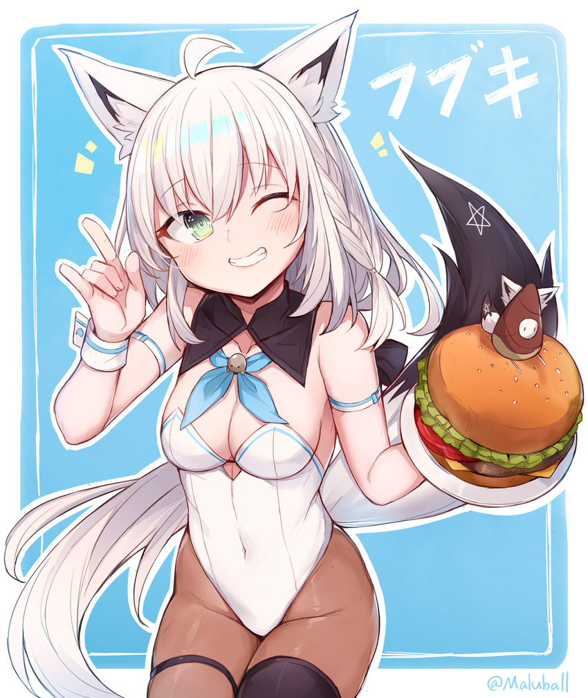 5_fingers ahoge blue_background blush border braided_hair breasts bunny_costume burger cheese cleavage clothed clothing collarbone costume dairy_products devil_horns_(gesture) eyebrow_through_hair eyebrows eyelashes female fingers food fruit fur gesture green_eyes grey_body grey_fur grey_hair hair hand_gesture holding_plate inner_ear_fluff legwear leotard lettuce long_hair medium_breasts one_eye_closed pantyhose plant plate shirt_collar shirt_cuffs simple_background smile solo teeth tomato translucent translucent_hair tuft vegetable white_border mou_tama_maru fall_guys hololive vtuber shirakami_fubuki animal_humanoid canid canid_humanoid canine canine_humanoid fall_guy fox_humanoid humanoid mammal mammal_humanoid hi_res portrait three-quarter_portrait