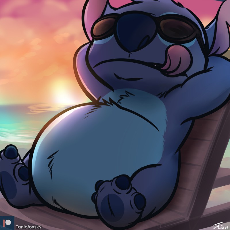 4_toes belly big_belly blue_body blue_fur blue_nose blue_pawpads chair eyewear feet fur furniture hands_behind_head licking licking_lips licking_own_lips lounge_chair male notched_ear overweight overweight_male patreon_logo patreon_username pawpads reclining relaxing self_lick solo sunglasses sunset text toes tongue tongue_out tanio disney lilo_and_stitch patreon stitch_(lilo_and_stitch) alien experiment_(lilo_and_stitch) 1:1 2020 digital_media_(artwork) english_text hi_res