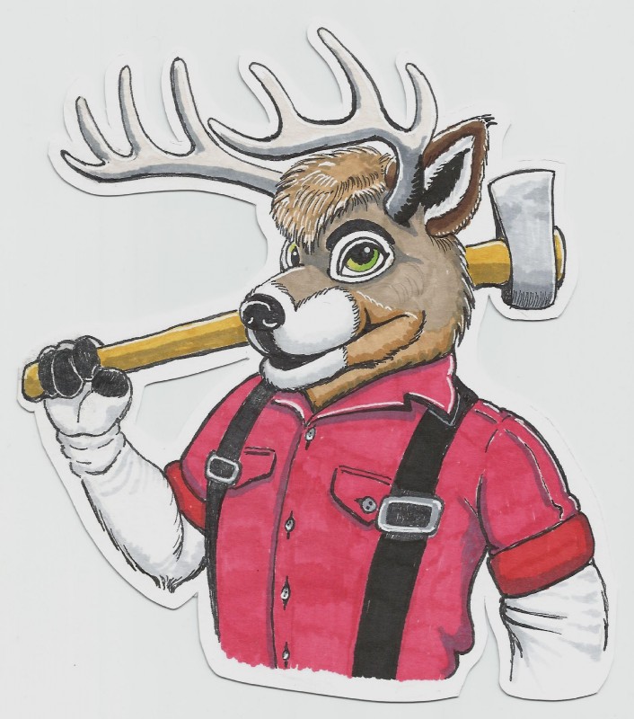 4_fingers anthro antlers axe badge brown_body brown_fur clothed clothing costume deer_costume fingers fur fursuit green_eyes hair holding_object holding_weapon horn male melee_weapon rolled_up_sleeves shirt short_hair simple_background solo suspenders tan_body tan_fur topwear weapon weapon_on_shoulder white_background white_body white_fur james_ward deer mammal character_badge_(artwork) hi_res