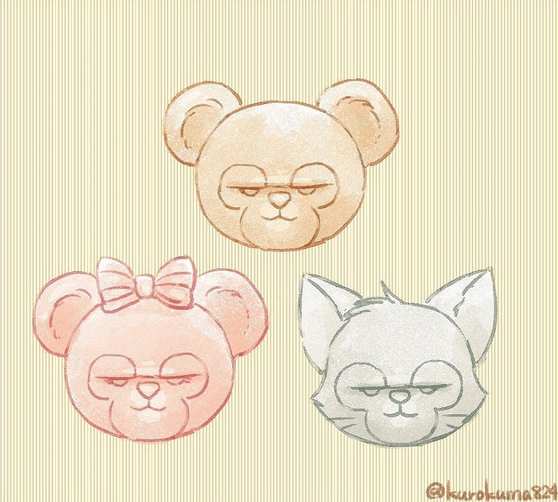 accessory bow_(feature) bow_accessory bow_ribbon centered_hair_bow disembodied_head fur group hair_accessory hair_bow hair_ribbon head_tuft humanoid_pointy_ears pattern_background pointy_ears rape_face ribbons round_ears simple_background smug striped_background tuft whiskers yellow_background kurokuma824 disney duffy_and_friends duffy_the_disney_bear gelatoni shelliemay bear domestic_cat felid feline felis mammal 2016