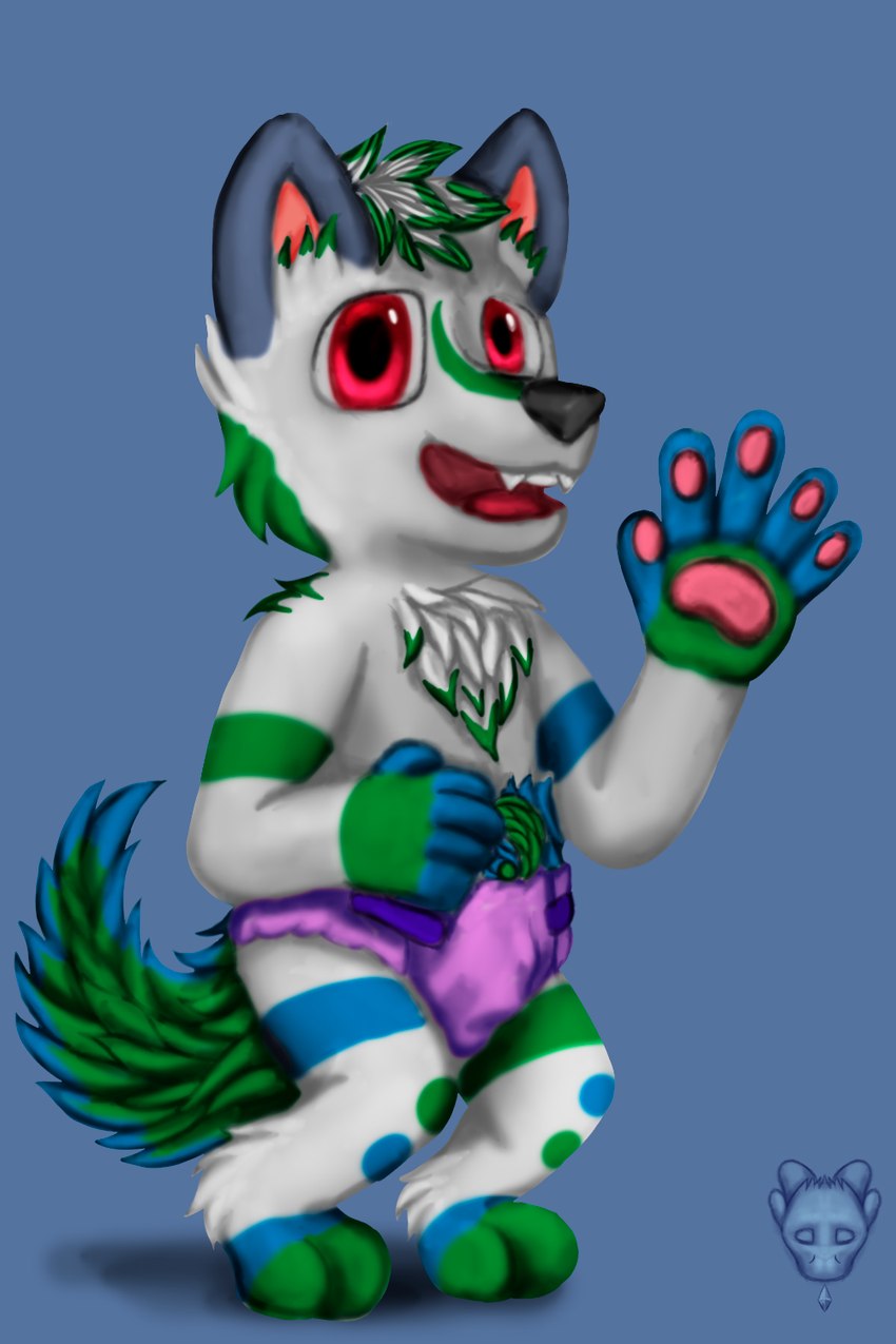 anthro baby clean_diaper clothed clothing diaper male simple_background smile solo wearing_diaper young young_anthro theslimedragon canid canine canis mammal wolf 2:3 hi_res