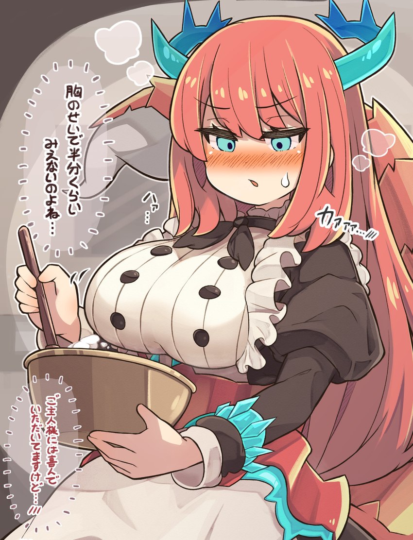 big_breasts blue_eyes blue_horn blush bodily_fluids breasts clothing concentration cooking eyelashes female hair half-closed_eyes holding_object horn long_hair maid_uniform narrowed_eyes raised_tail red_hair solo steam sweat tail text uniform regain_illust mythology yu-gi-oh! dragonmaid_tinkhec kitchen_dragonmaid animal_humanoid dragon dragon_humanoid dragonmaid_(yu-gi-oh!) duel_monster horned_humanoid humanoid mythological_creature mythological_scalie scalie tailed_humanoid absurd_res hi_res japanese_text translation_request