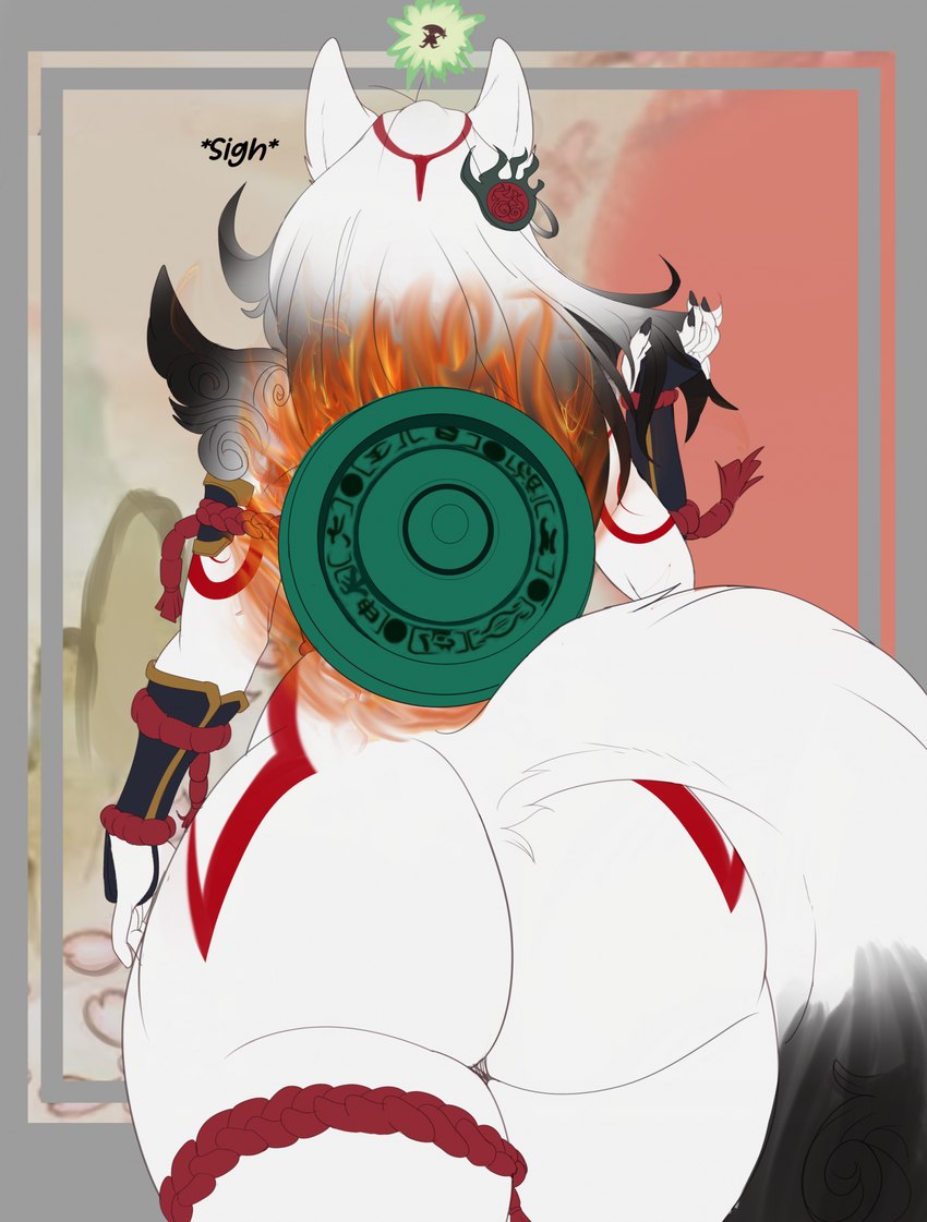 anthro asian_clothing big_butt butt clothing curvy_female curvy_figure east_asian_clothing female fire fur hair holding_hair huge_butt ink japanese_clothing long_hair rear_view shield simple_background solo tail thick_thighs touching_hair voluptuous white_body white_fur wide_hips sly_shadex asian_mythology capcom clover_studio east_asian_mythology japanese_mythology mythology okami_(capcom) amaterasu_(okami) issun_(okami) canid canine canis deity mammal wolf flat_colors hi_res