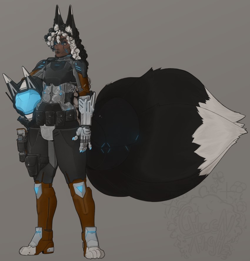 armor black_body black_fur black_hair black_lipstick clothed clothing combat_gear combat_knife cybernetic_arm cybernetic_eye cybernetic_limb cybernetics dark_body dipstick_tail dreadlocks eyeshadow facial_scar full_armor fully_clothed fur furgonomics furry-specific_armor gun hair handgun headgear helmet lipstick long_hair machine makeup male markings multicolored_body multicolored_fur multicolored_hair multicolored_tail pouches power_armor prosthetic prosthetic_arm prosthetic_limb ranged_weapon scar solo tactical_belt tail tail_armor tail_markings thigh_holster two_tone_body two_tone_fur two_tone_hair weapon chimkenthighs lancer_(ttrpg) randal_otomo animal_humanoid canid canid_humanoid canine canine_humanoid fox fox_humanoid humanoid mammal mammal_humanoid digital_media_(artwork) hi_res