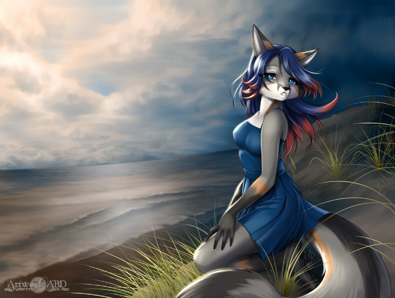 anthro barefoot beach biped blue_clothing blue_dress blue_eyes blue_hair breasts clothing cloud detailed_background dress feet female grass hair kneeling looking_at_viewer mottled multicolored_hair open_mouth outside overcast piebald plant sand sea seaside sky solo tail two_tone_hair water abluedeer canid canine fox mammal 2012 digital_media_(artwork) shaded