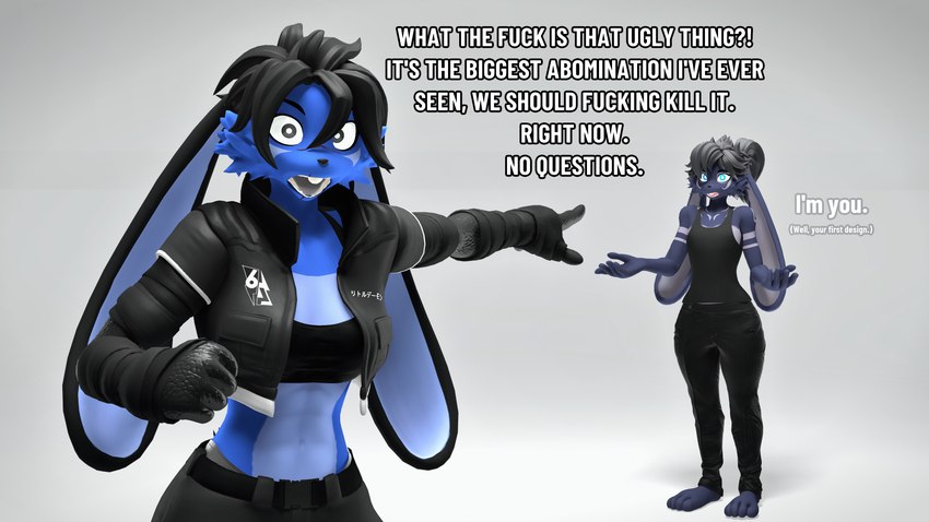 anthro black_body black_bottomwear black_clothing black_eyes black_fur black_hair black_jacket black_pants black_shirt black_tank_top black_topwear blue_body blue_eyes blue_fur bottomwear breasts clone clothed clothed_anthro clothed_female clothing dialogue duo female fur gesture hair hand_gesture jacket looking_at_viewer male multicolored_body pants paradox pointing pointing_at_another shirt small_breasts square_crossover tank_top text threatening threatening_violence threatening_words topwear two_tone_body conditional_dnp domibun domi_(domibun) lagomorph leporid mammal rabbit 2024 3d_(artwork) absurd_res digital_media_(artwork) english_text hi_res source_filmmaker_(artwork)