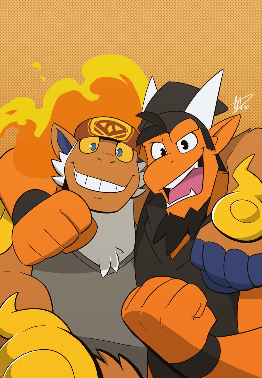 anthro beanie black_clothing black_hair black_hoodie black_topwear clothing duo facial_hair fire flaming_hair goatee hair hat headgear headwear hoodie looking_at_viewer male orange_body pseudo_hair sleeveless_hoodie smile toony topwear hikazedragon mythology nintendo pokemon hikaze_(character) dragon generation_4_pokemon infernape mythological_creature mythological_scalie pokemon_(species) scalie character_request hi_res