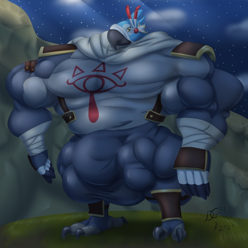 anklet anthro bandage beak big_muscles bottomwear bulge cape clothing cloud cosmic_background feathers feet fingerless_gloves gloves grass handwear huge_muscles humanoid_hands hyper hyper_muscles jewelry looking_at_viewer male moon muscular muscular_anthro muscular_male night pants plant rock shoulder_guards sky solo standing star starry_background starry_sky talons toes blues64 breath_of_the_wild nintendo the_legend_of_zelda kass_(tloz) avian bird macaw neotropical_parrot parrot rito true_parrot 1:1 2023 absurd_res hi_res