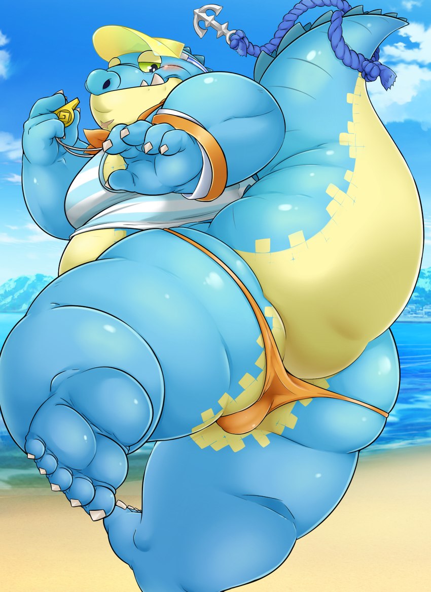 anthro barefoot beach belly big_butt blue_body blush bulge butt clothing feet green_eyes hat headgear headwear lifeguard male overweight solo speedo swimwear tail thick_tail visor_cap whistle_(object) bake_gosut lifewonders tokyo_afterschool_summoners makara_(tas) crocodile crocodilian reptile scalie hi_res