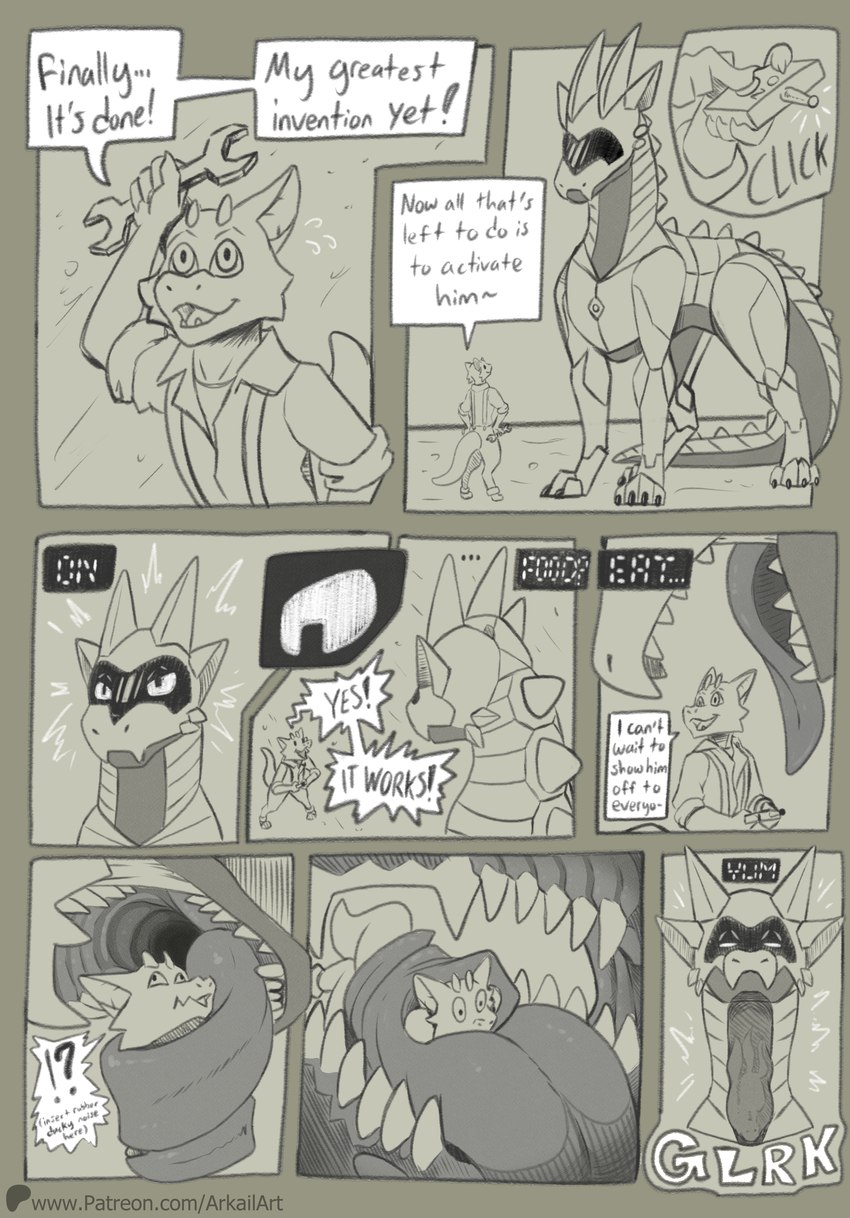 8_panel_comic ambiguous_gender anthro big_tongue clothing dialogue duo glup huge_tongue long_tongue male open_mouth oral_vore prehensile_tongue size_difference speech_bubble standing tail teeth text tongue tongue_out tongue_wrapped vore arkailart mythology dragon hybrid kobold mythological_creature mythological_scalie scalie synth_(vader-san) absurd_res comic digital_media_(artwork) english_text hi_res