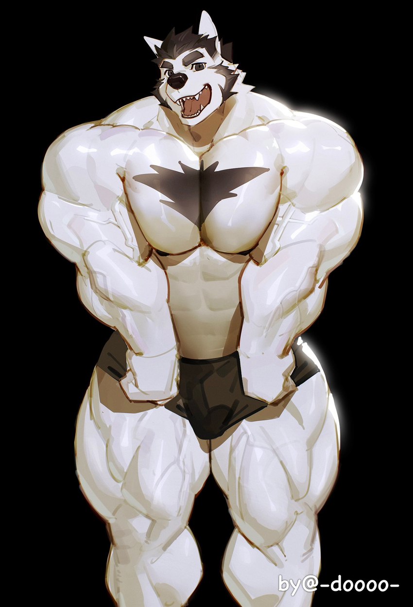 anthro biceps big_muscles black_background black_bottomwear black_clothing black_pants bottomwear clothing looking_at_viewer male muscular muscular_anthro muscular_male pants pecs quads simple_background solo standing white_body doooo2424 canid canine canis mammal wolf hi_res