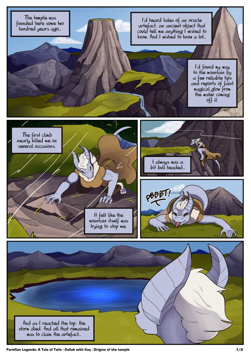 anthro climbing clothed clothing cloud exhausted female grass hair horn mountain mountain_climbing plant solo tail text water white_hair feretta iluq mis'alia draako 2023 artist_collaboration comic digital_media_(artwork) english_text hi_res