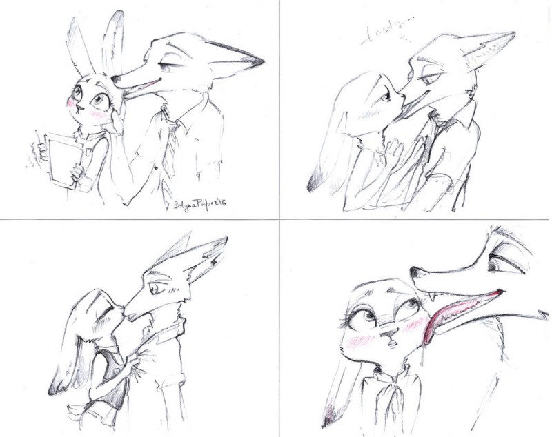 anthro blush clothing duo female heart_symbol kissing licking long_ears male police police_uniform simple_background size_difference tongue tongue_out uniform white_background satynapaper disney zootopia judy_hopps nick_wilde canid canine fox lagomorph leporid mammal rabbit red_fox true_fox black_and_white comic monochrome traditional_media_(artwork)