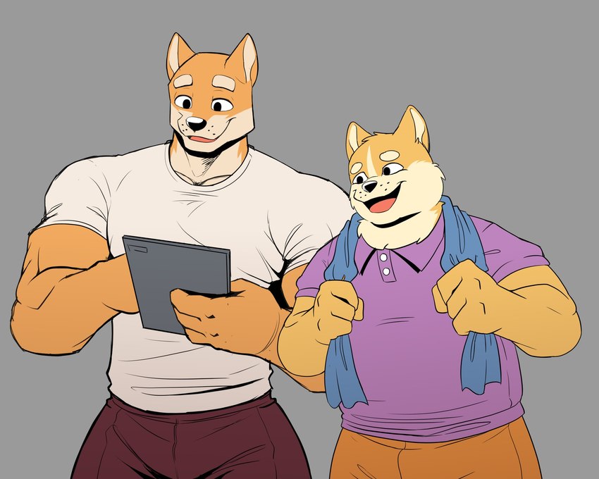 anthro black_nose bottomwear brown_body brown_fur clothing duo fur humanoid_hands male muscular muscular_male pants shirt simple_background slightly_chubby topwear towel towel_around_neck anjing_kampuss dogelore cheems swole_doge canid canine canis domestic_dog mammal shiba_inu spitz 2021 hi_res meme