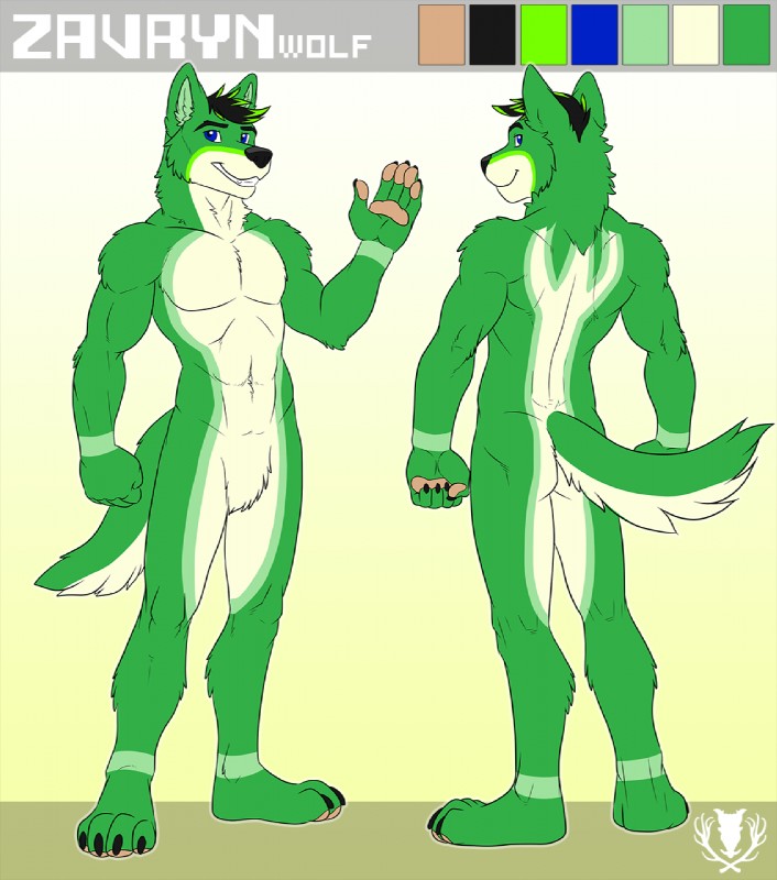 abs anthro athletic barefoot biceps biped black_hair black_nose blue_eyes butt claws fangs feet fur green_body green_fur green_hair grin hair male muscular muscular_anthro nude pecs smile solo tail teeth toe_claws vallhound zavryn canid canine canis mammal wolf digital_media_(artwork) full-length_portrait hi_res portrait