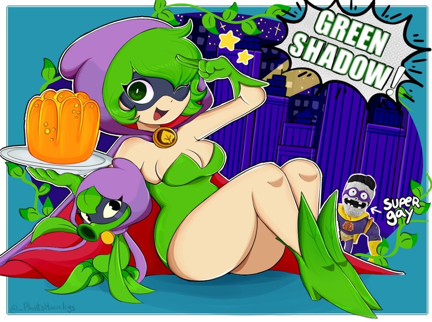 alternate_species anthro black_hair boots breasts butt cape cleavage clothed clothing female food footwear gloves green_hair group hair handwear hood humanized jelly_(food) leotard mask medium_breasts plant shoes siphon_(anatomy) solo_focus thick_thighs wide_hips fertilizing_(artist) electronic_arts plants_vs._zombies plants_vs._zombies_heroes popcap_games green_shadow super_brainz elemental_creature flora_fauna human humanoid mammal peashooter_(pvz) digital_media_(artwork)