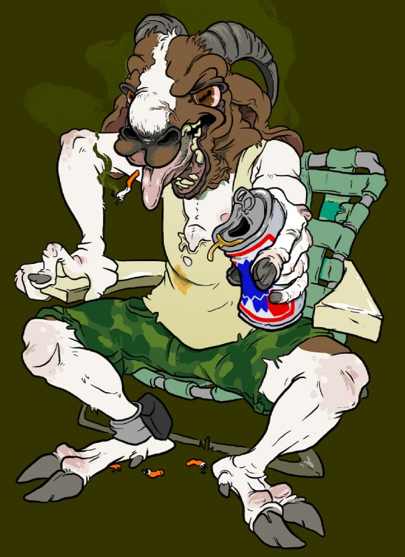 5_fingers alcohol angry ankle_monitor anklet anthro barefoot beer beverage beverage_can biped blaze_(marking) bottomwear brown_body brown_eyes brown_fur camo can chair chin_tuft cigarette clothing cloven_hooves container dirty facial_markings facial_tuft feet fingers floppy_ears foreshortening frown fur fur_tuft furniture grease green_background grey_hooves grey_horn head_markings holding_can holding_container holding_object hooved_fingers hooves horizontal_pupils horn jewelry lawn_chair male markings multicolored_body multicolored_fur musk nipple_slip nipples on_chair open_frown open_mouth pants pink_nipples pink_tongue pupils redneck ridged_horn shirt shorts simple_background sitting smelly smoking snout solo spread_legs spreading stain tank_top tongue toony topwear torn_bottomwear torn_clothing torn_pants torn_shirt torn_topwear trailer_trash tuft two_tone_body two_tone_fur vein white_body white_fur white_markings white_trash yelling simbo boer_goat bovid caprine domestic_goat goat mammal 2017 digital_drawing_(artwork) digital_media_(artwork) full-length_portrait hi_res portrait