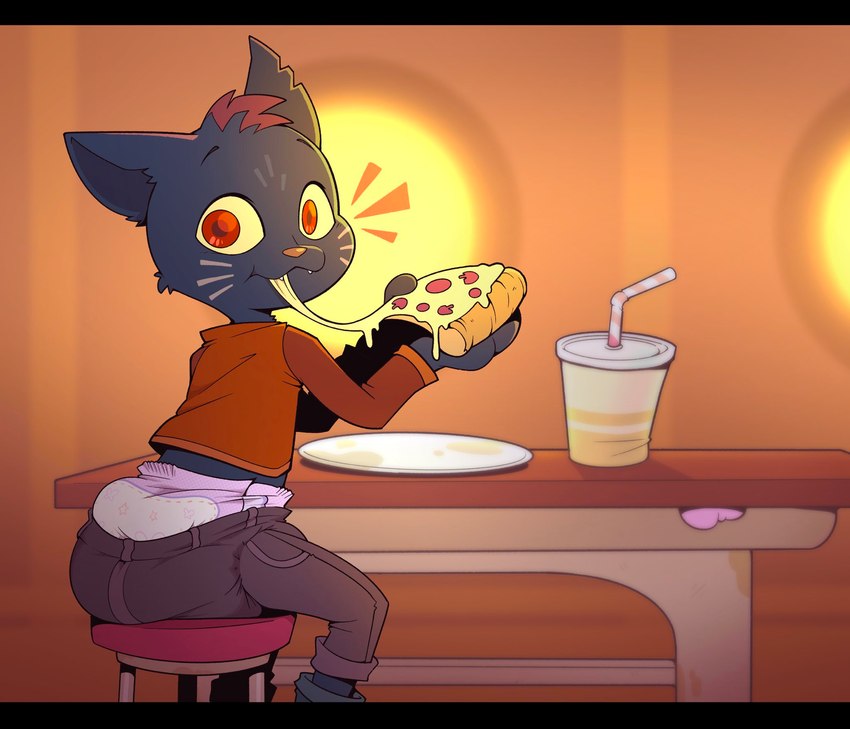 anthro beverage black_bars bottomwear cheese clean_diaper clothed clothing container cup dairy_products diaper diaper_under_clothing eating female food furniture gum_wad looking_at_viewer pepperoni pepperoni_pizza pizza plate sitting solo stool surprise table twilight underwear wearing_diaper window bubblepuppers ho night_in_the_woods mae_borowski domestic_cat felid feline felis mammal hi_res letterbox