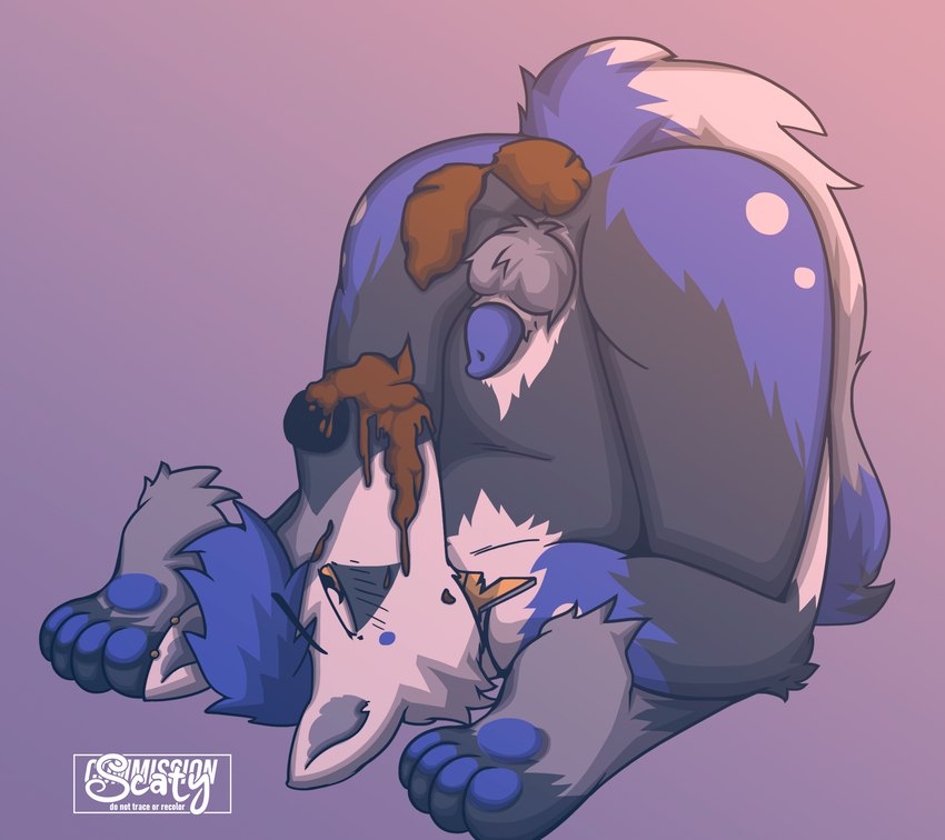 animal_genitalia animal_penis anthro ball_tuft balls black_body black_fur blue_body blue_fur blue_hair blue_pawpads canine_genitalia canine_penis ear_piercing eating_feces facial_tuft feces feces_in_mouth feces_in_own_mouth feces_on_face feces_pile foot_tuft fur genitals gradient_background grey_body grey_fur hair half-closed_eyes male multicolored_body multicolored_fur narrowed_eyes orange_eyes pawpads penis piercing pink_background purple_background scatplay simple_background solo tail text tuft white_body white_fur yoga scaty canid canine canis mammal wolf artist_name hi_res