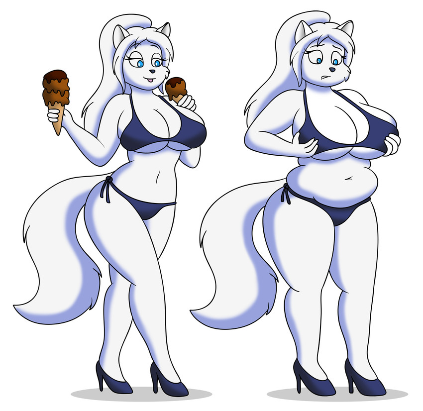 anthro big_breasts bikini blue_bikini blue_clothing blue_eyes blue_swimwear breasts clothing dessert eyebrows eyelashes female food footwear fur hair high_heels holding_breast ice_cream narrowed_eyes navel ponytail shoes side-tie_bikini side-tie_clothing side-tie_swimwear simple_background slightly_chubby solo string_bikini swimwear tail tongue tongue_out two-piece_swimsuit weight_gain white_body white_fur white_hair lordstormcaller krystal_(k9wolf) arctic_wolf canid canine canis mammal wolf absurd_res hi_res