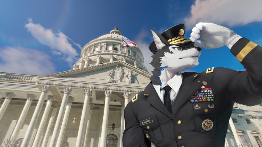 american_flag anthro blue_eyes blue_hair capitol capitol_hill clothing gloves hair handwear male necktie police police_officer solo uniform united_states_of_america washington_dc yellow_eyes discordnight_(artist) thunderrangers archermagnum canid canine canis mammal wolf 16:9 2022 absurd_res hi_res widescreen