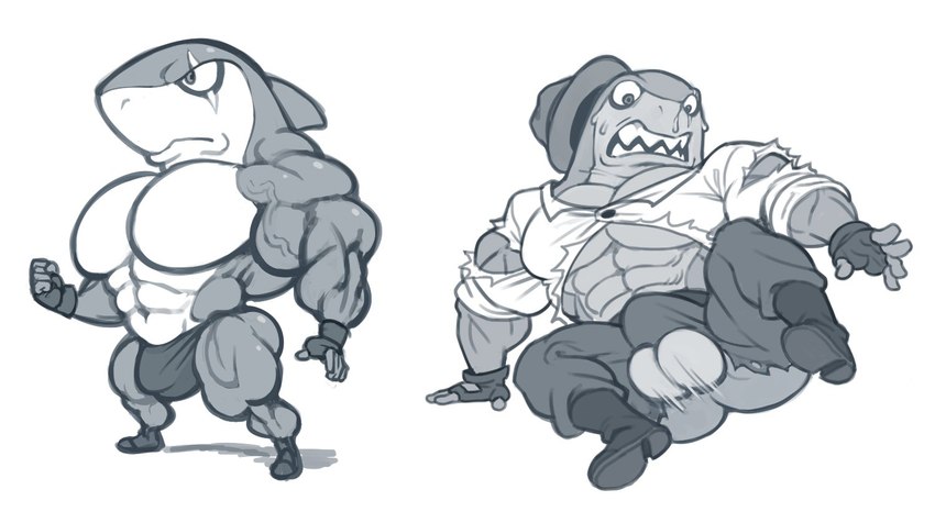 abs anthro balls biceps boots clothing footwear genitals gloves handwear hat headgear headwear male muscular muscular_anthro muscular_male pecs scar shoes solo teeth torn_clothing underwear vein analon_(artist) level-5 yo-kai_watch indiana_jaws_(yo-kai_watch) fish marine shark monochrome